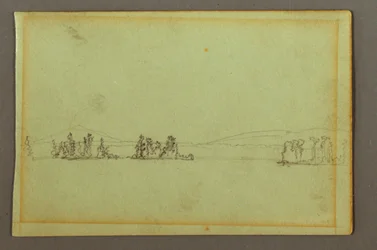 Zeichnung, bewaldete Inseln, hügelige Küste, möglicherweise 1856