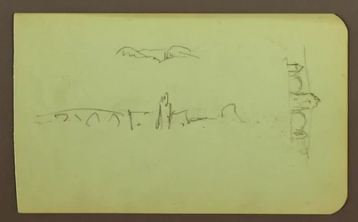 Hügel, Kirche, Brücke; Verso: Figur, Kreuz, Kirche, 1883
