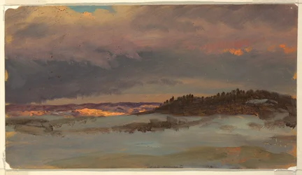 Winterlandschaft mit blauem Hügel bei Sonnenuntergang, Hudson, New York