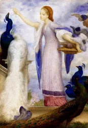 „Junges Mädchen, das die Pfauen füttert“. Sie ist antikisch gekleidet. Präraffaelitisch (1830-1896)