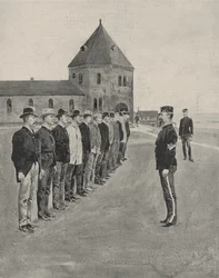 Eine erste Lektion in der Kriegskunst. Rekruten für die zwei zusätzlichen Artillerieregimenter in Fort Slocum, Davids Island, Long Island Sound
