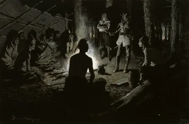 Rat des französischen Entdeckers mit den Indianern