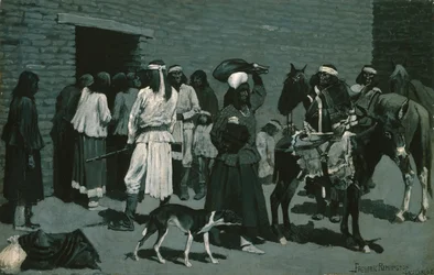 Pueblo-Indianerdorf (Verteilung von Rindfleisch an der San Carlos-Agentur) ca. 1889