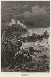 Kampf von Quiberon. Unterstützer der Chouannerie und des Vendée-Aufstands versuchen, den republikanischen Kräften in Quiberon, Frankreich, Französische Revolution zu entkommen