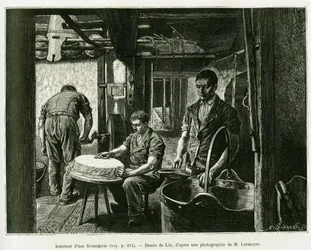 In einer Käserei. Gravur von Lix zur Illustration der Geschichte „Durch Elsass und Lothringen“ von Charles Grad, veröffentlicht in Le Tour du monde 1887