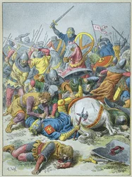 König Philipp August in der Schlacht von Bouvines 1214 (Stich)