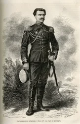 Porträt des Reisenden und Erzählers Oberstleutnant von Prjewalski, Zeichnung von F. Lix, um die Reise nach Mongolei und das Land der Tanguten von 1870 bis 1873 von Oberstleutnant von Prjewalski zu illustrieren. Gravur in Le tour du monde