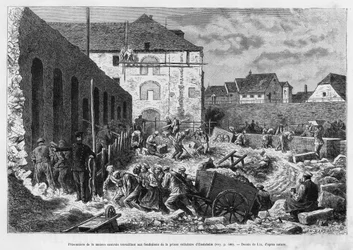 Gefangene des Zentralhauses arbeiten an den Fundamenten des Gefängnisses von Ensisheim. Gravur von Lix zur Illustration der Geschichte A travers l