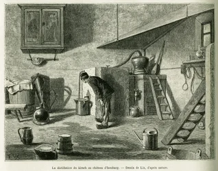 Die Destillation des Kirschs im Schloss von Isenburg. Gravur von Lix zur Illustration der Geschichte A Travers l