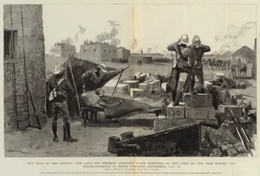 Der Krieg im Sudan, der verstorbene Sir Herbert Stewart liegt verwundet im Lager am Nil während der Aufklärung in Richtung Metemmeh, 21. Januar