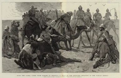 Mit dem Kamelkorps von Sarass nach Dongola, eine Rast der berittenen Infanterie in der nubischen Wüste