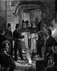 Vertreibung der Dominikaner aus der Rue de Jean de Beauvais in Paris nach den Dekreten vom März 1880, die von Jules Ferry erlassen wurden und den Mitgliedern nicht autorisierter religiöser Kongregationen das Recht zu lehren entziehen: Verlesung des Dekrets