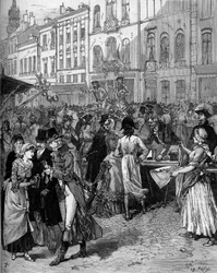 Historische Feier zur Erinnerung an die Belagerung von Lille im Jahr 1792: die Braderie Watteau (großer Jahrmarkt) in den Straßen der Stadt mit den modischen Einwohnern des 18. Jahrhunderts. Gravur von De Haenen in „Le Monde Illustré“ Nr. 1334 vom 21. Okto