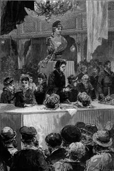 Vortrag von Louise Michel (1830-1905), Graffard-Saal in Paris, 30. November 1880. Gravur von de Haenen in „Das illustre Universum“ Nr. 1237 vom 11. Dezember 1880.