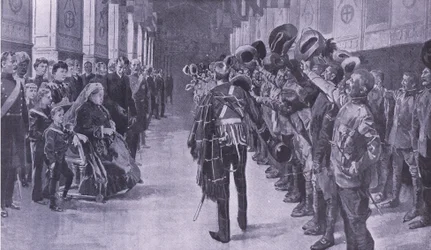 Königin Victoria inspiziert invalide Kolonialsoldaten in der St. Georges Hall, Windsor, Illustration aus After Pretoria: The Guerilla War, 1902