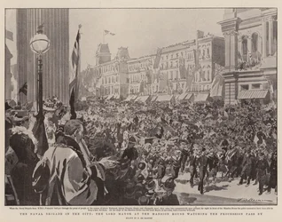 Die Marinebrigade in der Stadt, der Lord Mayor am Mansion House beobachtet die Prozession