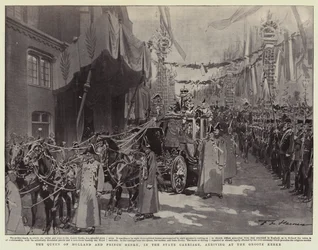 Die Königin von Holland und Prinz Heinrich im Staatswagen, Ankunft an der Groote Kerke