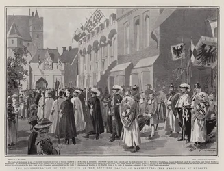 Die Wiedereinweihung der Kirche der restaurierten Burg Marienburg, die Prozession der Ritter