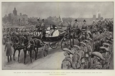 Die Überprüfung der kolonialen Krönungskontingente auf der Horse Guards Parade, die Kutsche der Königin fährt die Linie entlang