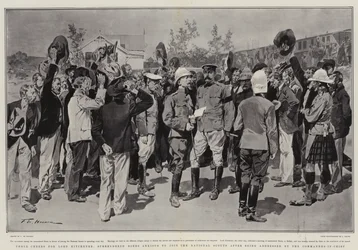 Drei Hochs auf Lord Kitchener, übergebene Buren wollen sich nach Ansprache des Oberbefehlshabers den National Scouts anschließen