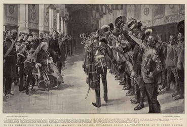 Dreifaches Hoch auf die Königin, Ihre Majestät inspiziert invalide Kolonialfreiwillige im Windsor Castle