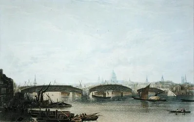 Ansicht der Southwark-Brücke, wie sie im Mai 1818 erschien, graviert von W. Bennett nach einer Zeichnung des Originals von W.H. Timms