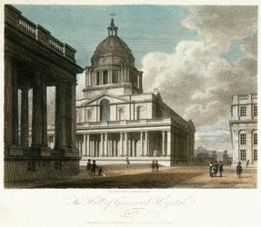 Ansicht des Greenwich Hospital (Kent, England), Beschreibung der Kuppel und der nordöstlichen Ecke des Hofes von König Wilhelm, mit der Nordfassade der dahinter gemalten Halle und einem Teil des Hofes und der Kapelle von Königin Maria