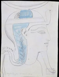 Studie eines Reliefs des Kopfes des Gottes Khonsu im Tempel von Seti I, Abydos, 1874 (Bleistift und Aquarell auf Papier)