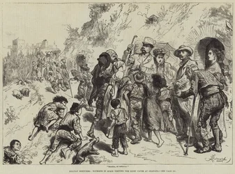 Urlaubsskizzen, Touristen in Spanien besuchen die Zigeunerhöhlen in Granada