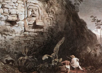 Jäger und sein Führer vor dem Maya-Kopf des Itzam Na