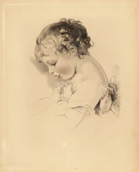 Porträt von Henry Bloxam, Neffe von Sir Thomas Lawrence. Junge in Kleid mit blauer Schleife. Handkolorierter Stich von Frederick Christian Lewis nach einer Illustration von Sir Thomas Lawrence aus P.G. Patmores Cabinet of Gems, Ackermann, London