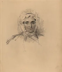 Porträt von Sir Thomas Lawrences Mutter Lucy Read kurz vor ihrem Tod. In Haube und hochgeschlossenem Kleid. Handkolorierte Gravur von Frederick Christian Lewis nach einer Illustration von Sir Thomas Lawrence aus P.G. Patmore