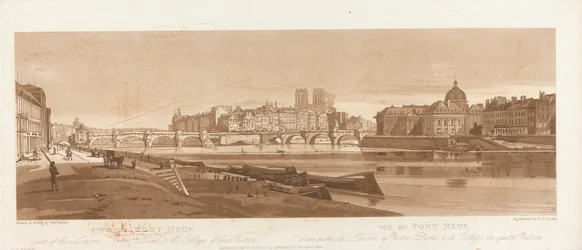 Ansicht des Pont Neuf, eines Teils des Louvre, von Notre-Dame und des Collège des Quatre-Nations, 1803; Tafel 7 aus Ansichten von Paris, die Durchzeichnung der Tafel B1981.25.2616 aus dem Emanuel-Band