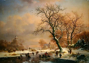 Gefrorene Winterlandschaft mit Schlittschuhläufern
