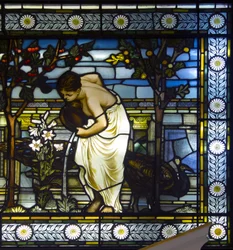 London, Thomas Goode Showroom, South Audley Street, GE Cooke, zugeschrieben Frederick Vincent Hart, Klassische Jungfrauen in einem Garten