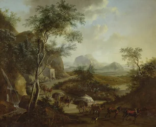Landschaft mit einem Konvoi von Pferden und Wagen