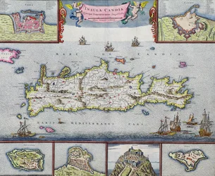 Karte der Insel Candia (Kreta) mit dem Seehafen von Heraklion, ca. 1680