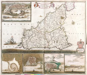 Karte des Königreichs Sizilien (Italien), mit Ansichten der Städte Messina, Milazzo, Palermo, Catania und Trapano