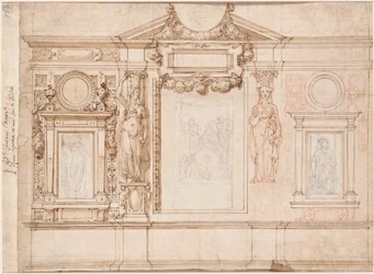 Entwurf für eine Wanddekoration mit eingeklebten Skizzen nach Raphael (verso)