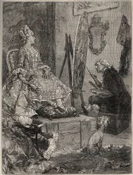 François Boucher (1703-1770) malt das Porträt von Jeanne Antoinette Poisson, Marquise von Pompadour (bekannt als Madame de Pompadour)