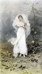 Frau im Wald - Allegorie des Herbstes, Kalender illustriert von Hubert Dys