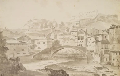 Vienne, nahe Lyon. Pont Saint-Martin über den Fluss Gère. Links Prieuré de Saint-Martin, rechts Porte de la Rochette und Schloss Pipet