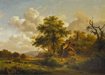 Eine ruhige Landschaft mit Frauen, die an einem Bach waschen, und Vieh und Schafen, die ruhen