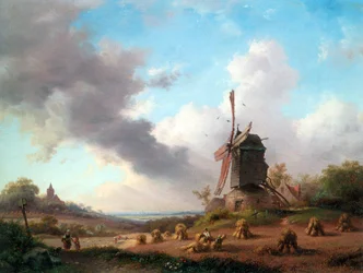 Sommerlandschaft mit erntenden Bauern