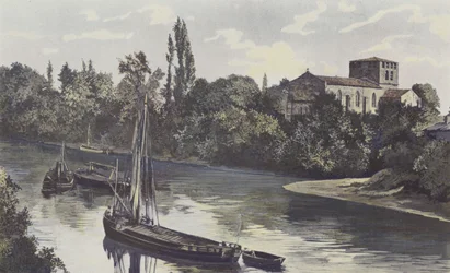 Saint-Denis-de-Piles, Kirche, Gesamtansicht an den Ufern der Isle