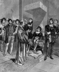 (Cardanus Hieronymus) Gerolamo Cardano (Jerome Cardan), italienischer Arzt, Mathematiker und Philosoph (1501-1576), präsentiert das Horoskop von König Edward VI. von England. in „Populäre Geschichte der Wissenschaft, Erfindungen und Entdeckungen von den er