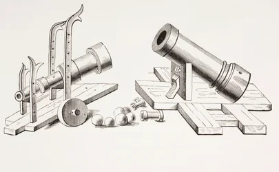 Kanonen des 15. Jahrhunderts, mit festem Lafettengestell (rechts) und rollendem Lafettengestell (links) aus Les Arts au Moyen Age, veröffentlicht 1873