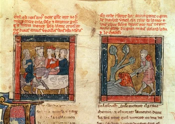 184 Fr.110 f.405 Galahad kommt zu Arthur und zieht das Schwert aus dem schwimmenden Stein im Fluss bei Camelot, ca. 1250-80