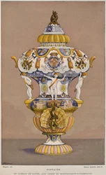 Faience-Brunnen aus dem 18. Jahrhundert mit dem Wappen von Montmorency Luxembourg, hergestellt in Rouen, Illustration aus dem Dictionnaire de l