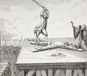 Ein zum Tode verurteilter Verbrecher wird im 18. Jahrhundert in Frankreich auf einem Andreas-Kreuz gebrochen, 1875